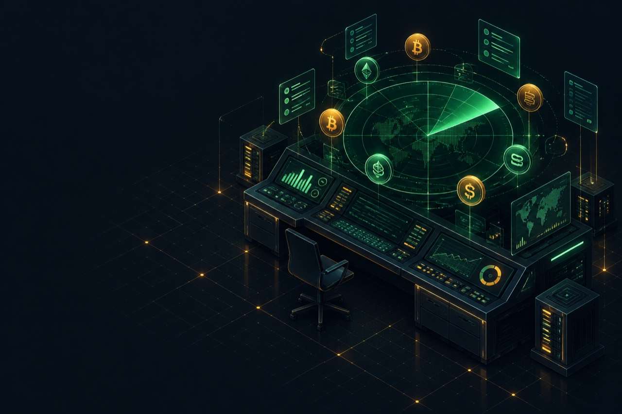 Dark navy technical illustration of an isometric audit console with a glowing radar display sweeping over floating data panels and orbiting coins