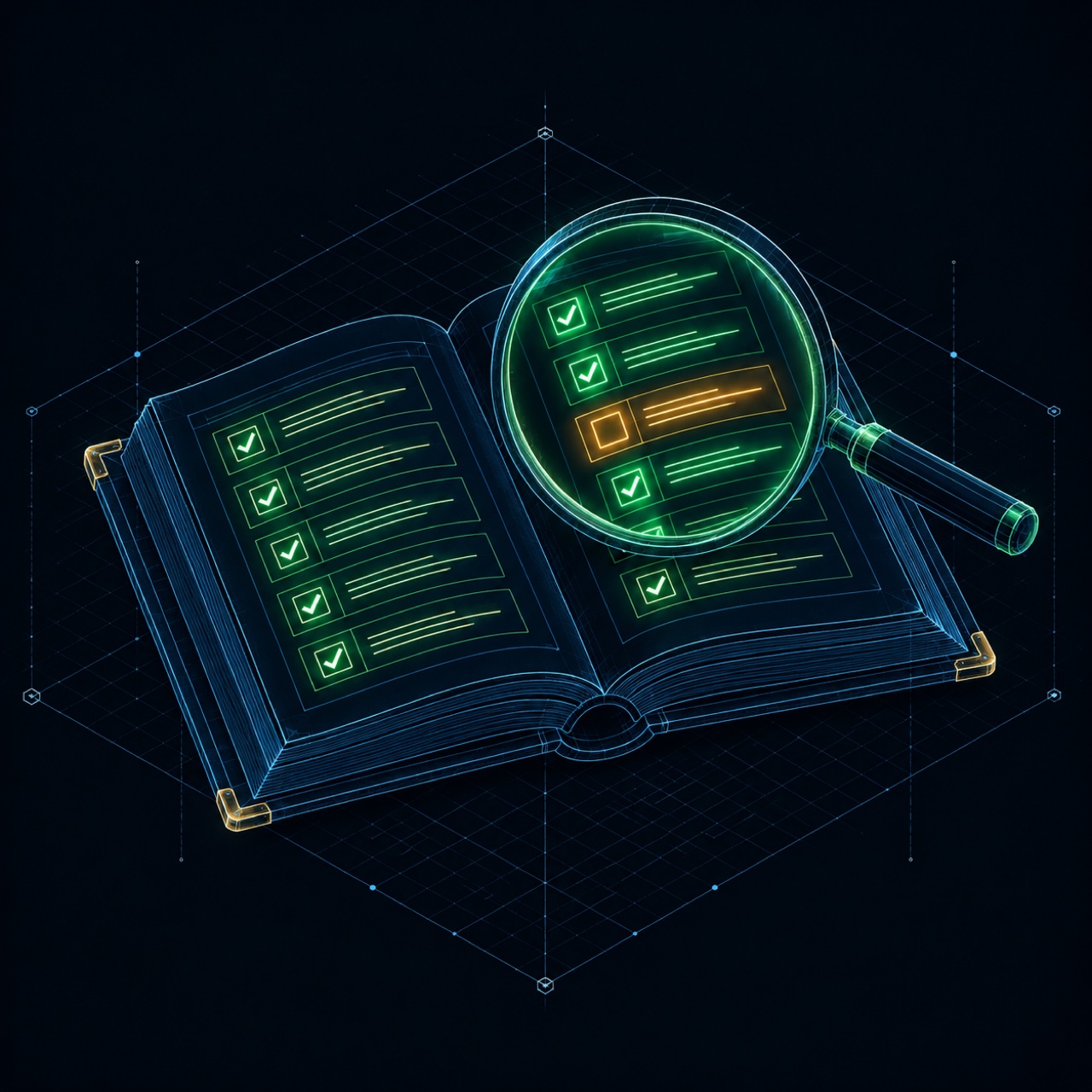 Dark navy technical illustration of a magnifying glass hovering over a glowing ledger with green check marks on verified rows