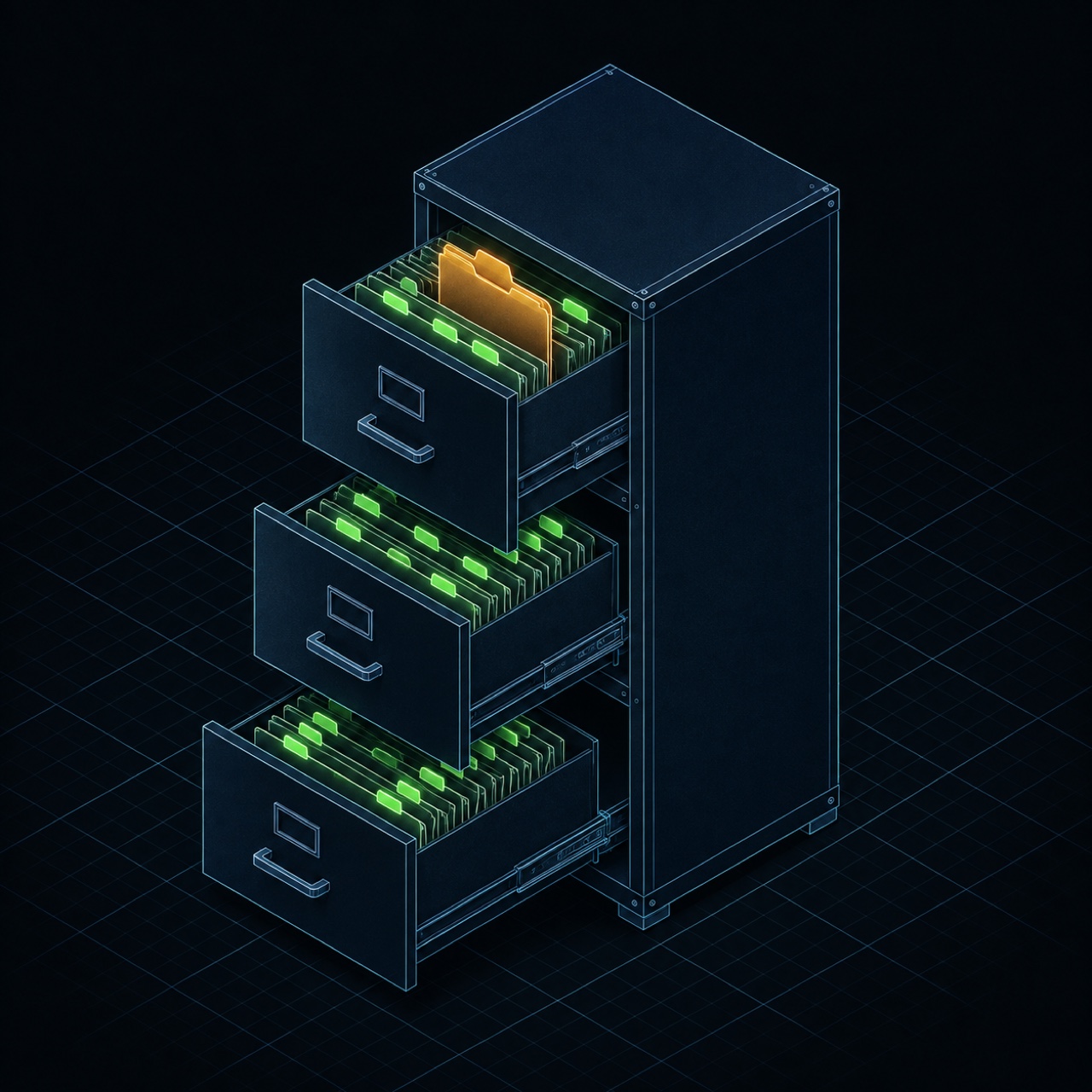Dark navy technical illustration of an isometric filing cabinet with drawers of neatly arranged claim folders marked by glowing green tabs