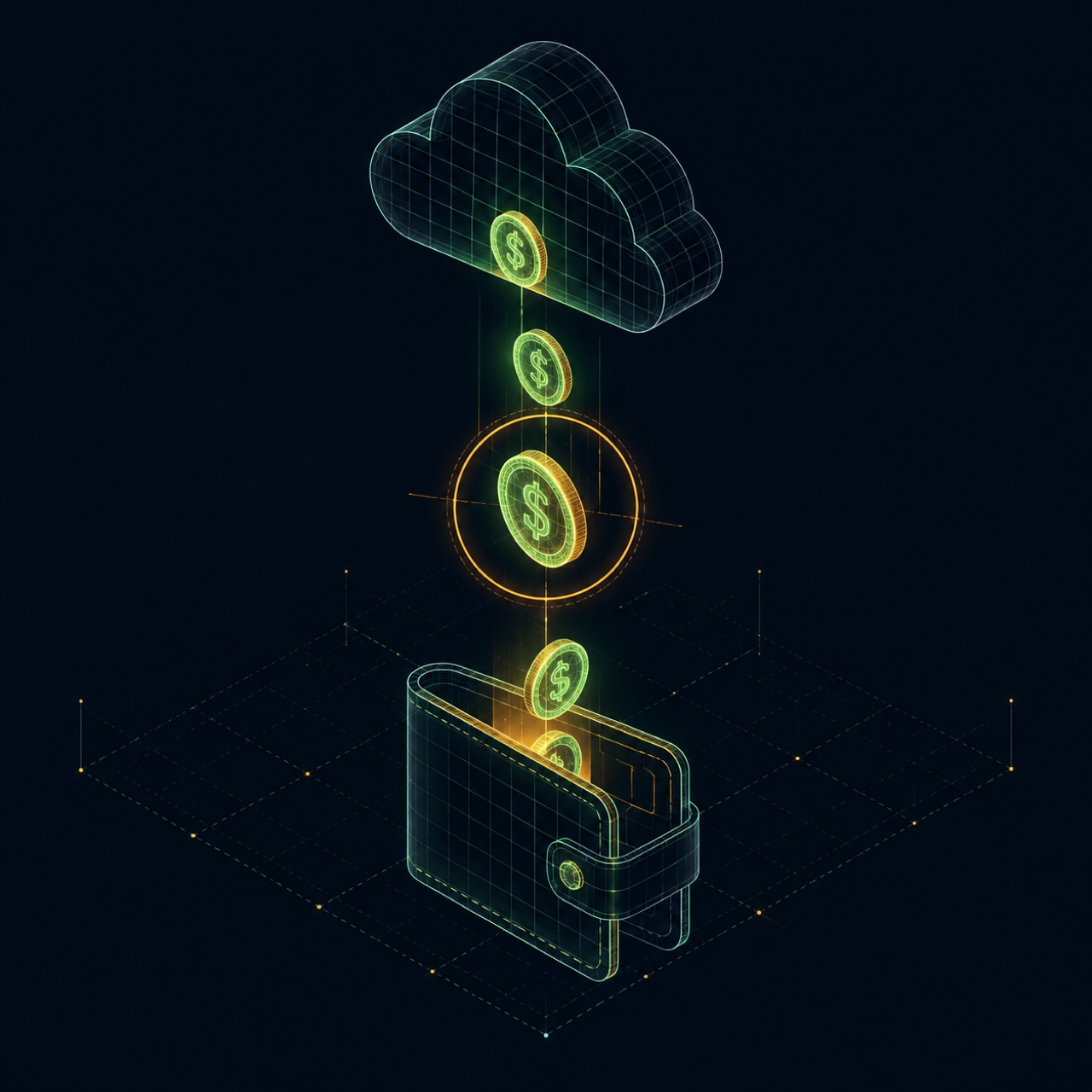 Dark navy technical illustration of glowing dollar coins flowing along a light path from a wireframe cloud into an open wallet