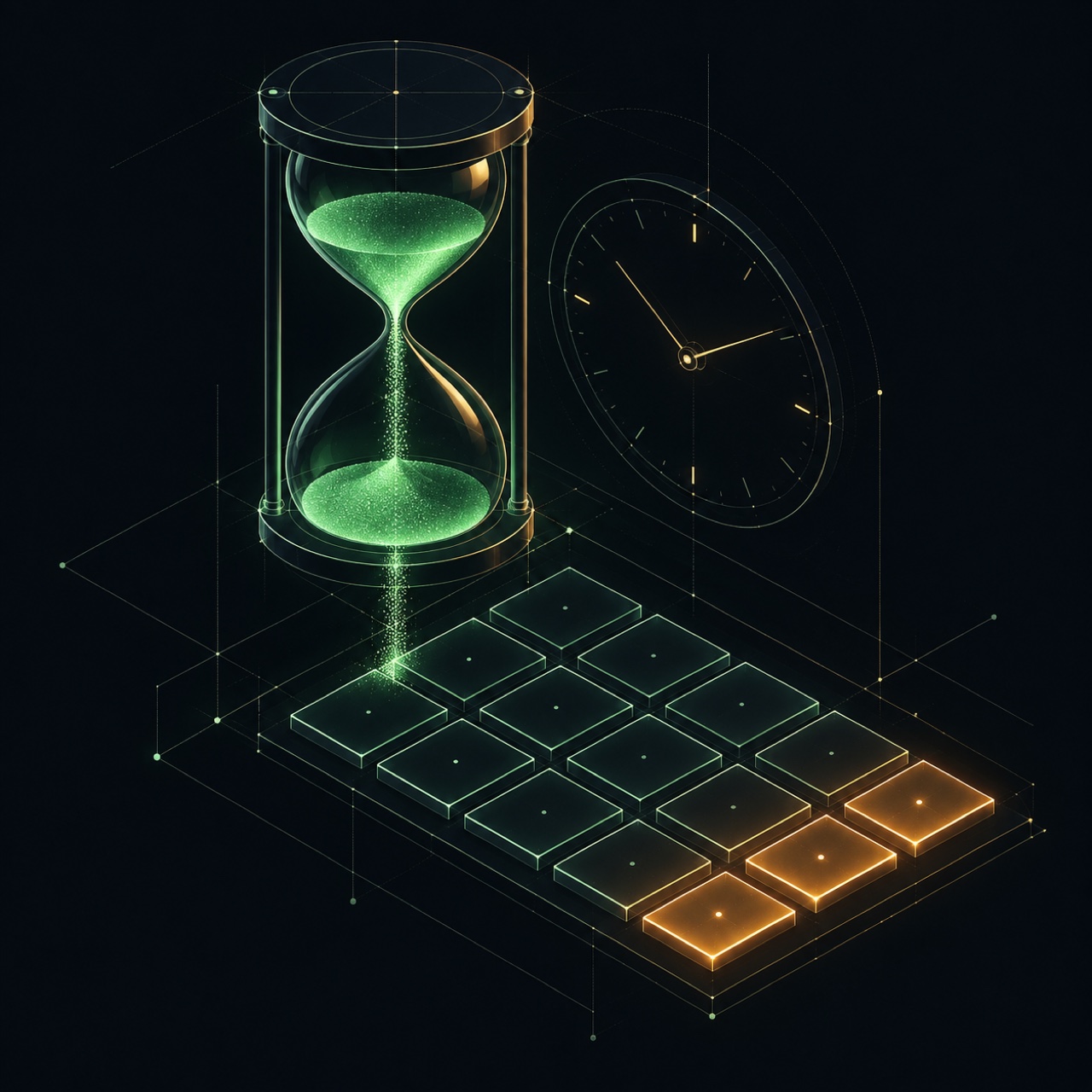 Dark navy technical illustration of a glowing hourglass with green sand flowing into an isometric calendar grid of 18 tiles, the last tiles glowing amber